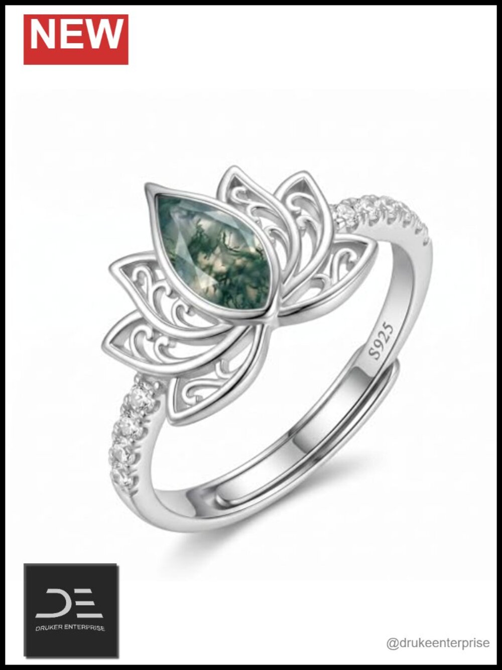 Natural Moss Agate Lotus Open Ring 925 Sterling Silver Adjustable Promise Ring
